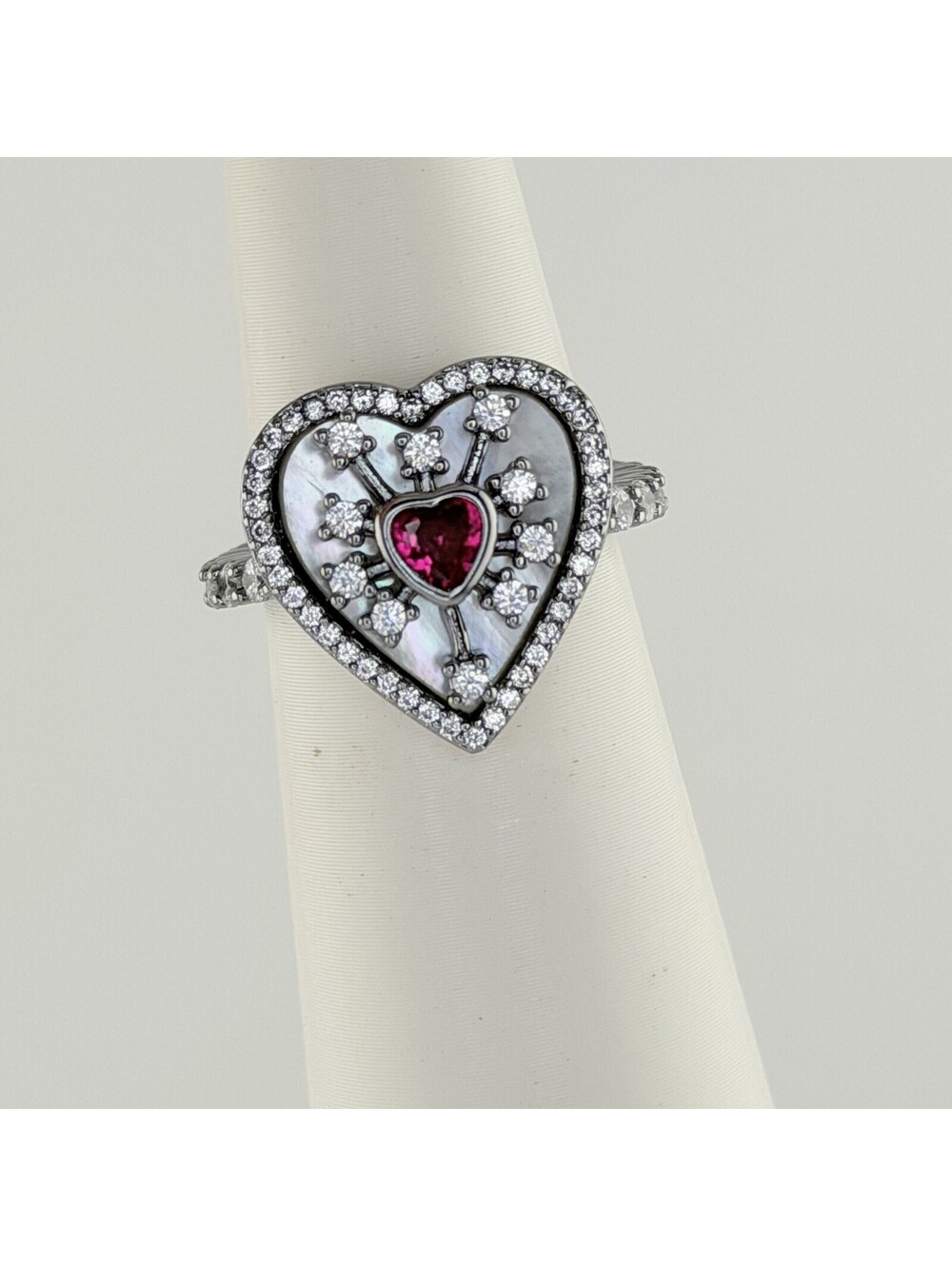 Bomb Party July Sz 6 "Hearts On Fire" Lab Created Ruby on Hematite